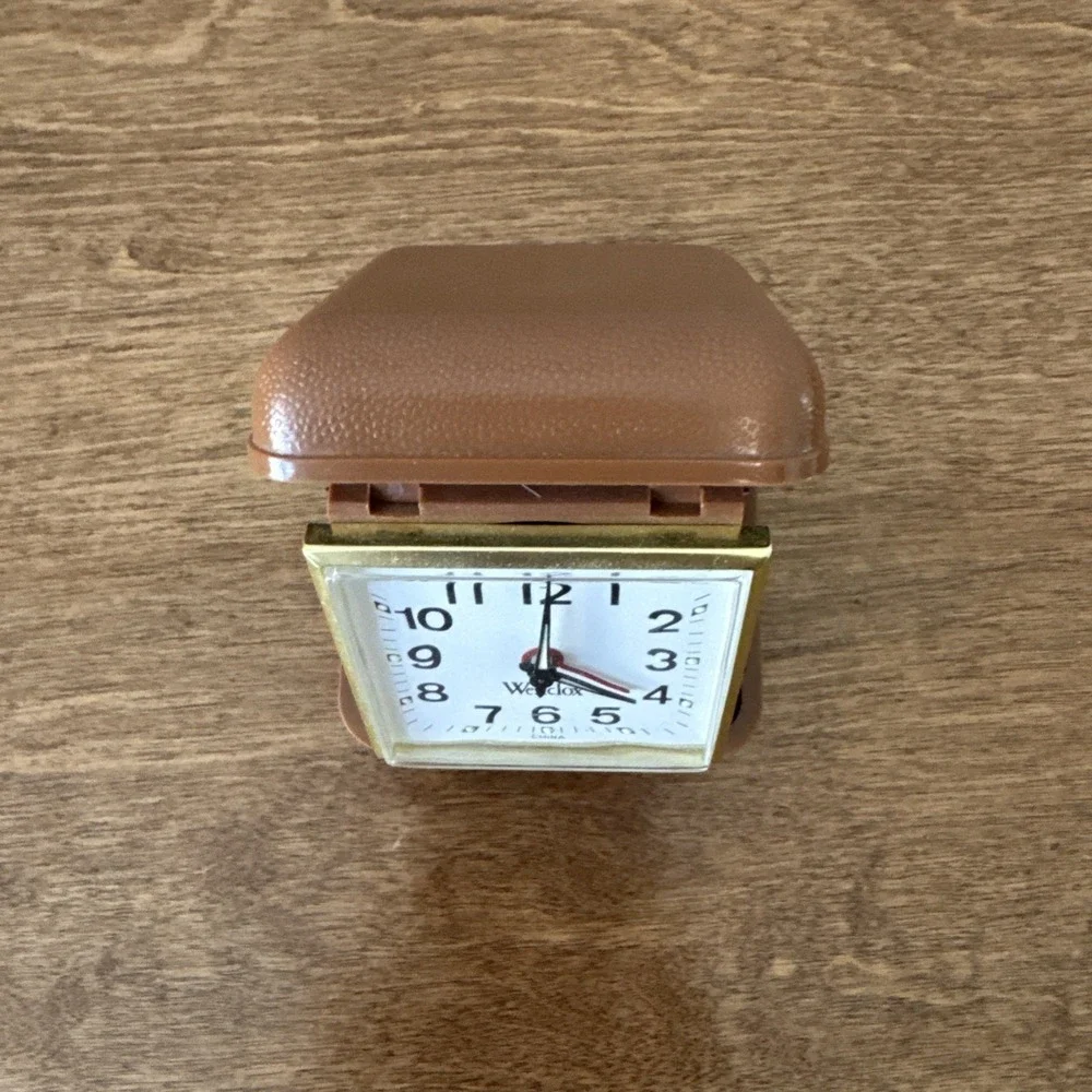 Vintage Westclox 1960's Travel Clock Alarm Wind Up Brown Folding Case - Works